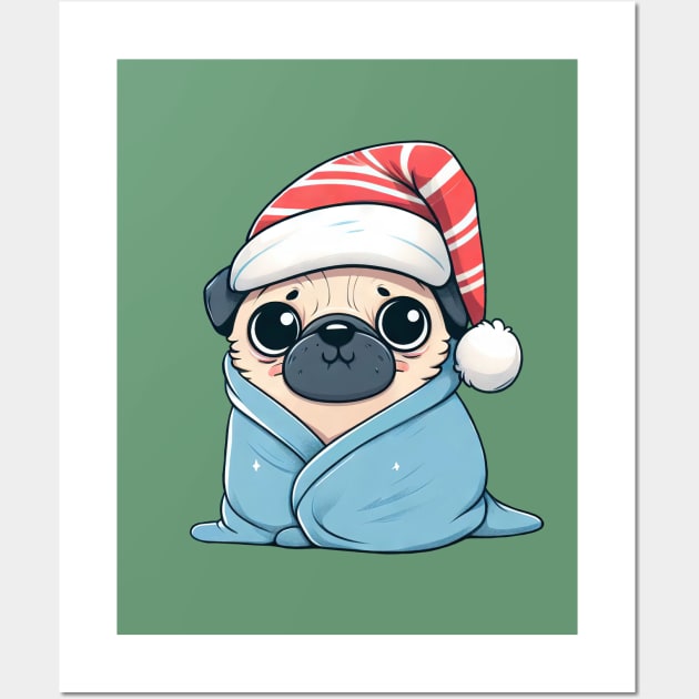 Cute Christmas Pug in Blanket Wall Art by Takeda_Art